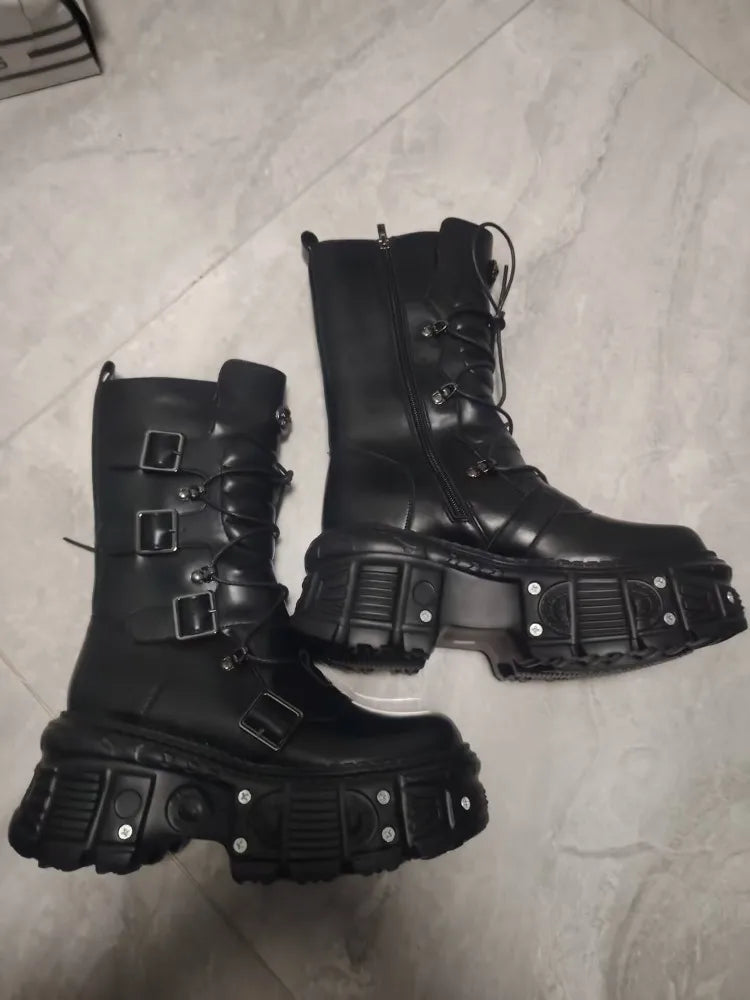 2025 Spring, Autumn and Autumn New Punk Style Women's Platform Spice Girls Metal Rock Motorcycle Fried Street Middle Boots Men