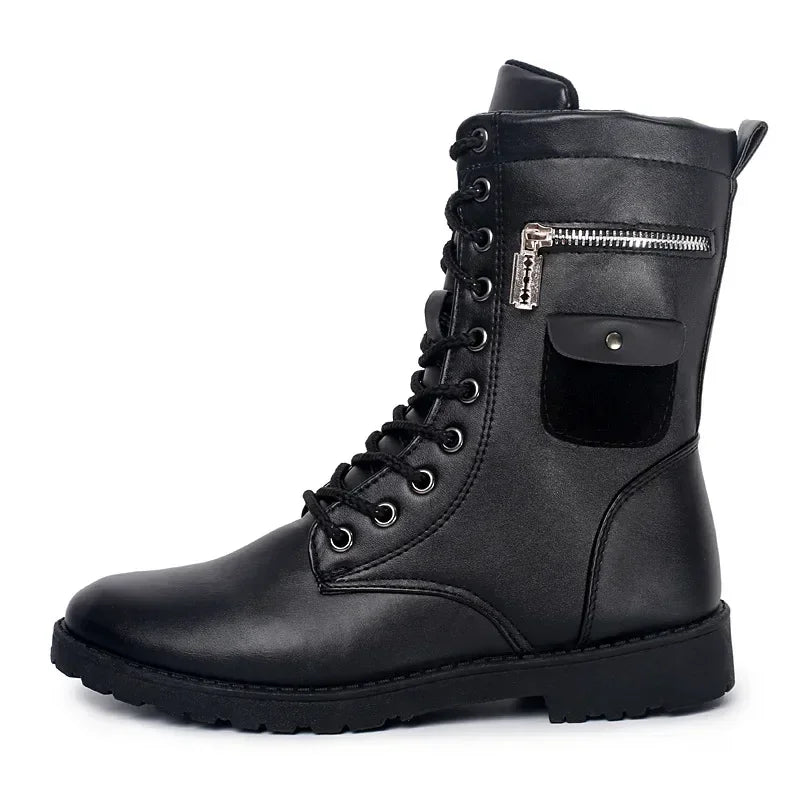 PU Leather Men Motorcycle Boots Men's Riding Hunting Walking Shoes Autumn Winter Mid-Calf Boots High Top Boots