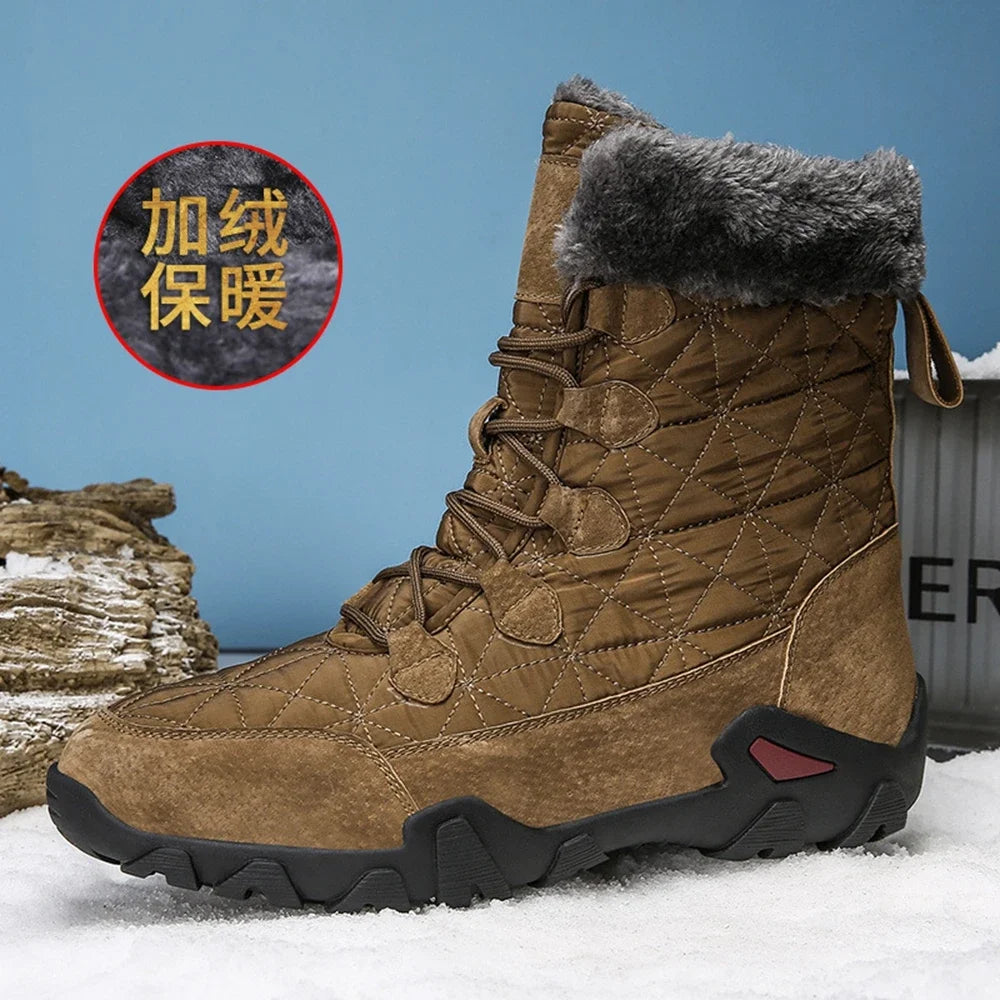 Motorcycle Winter Snow Boots Thickened Thermal Plush Boots Waterproof Outdoor Hiking Shoes Cow Leather Warm Skiing For Men