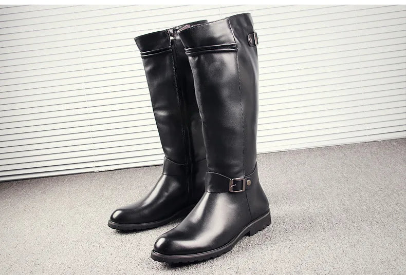British Mens Black Leather Knee High Boots Desiger Zip Long Motorcycle Shoes Antique Cosplay Stage Botas Casual Comfort Zapatos