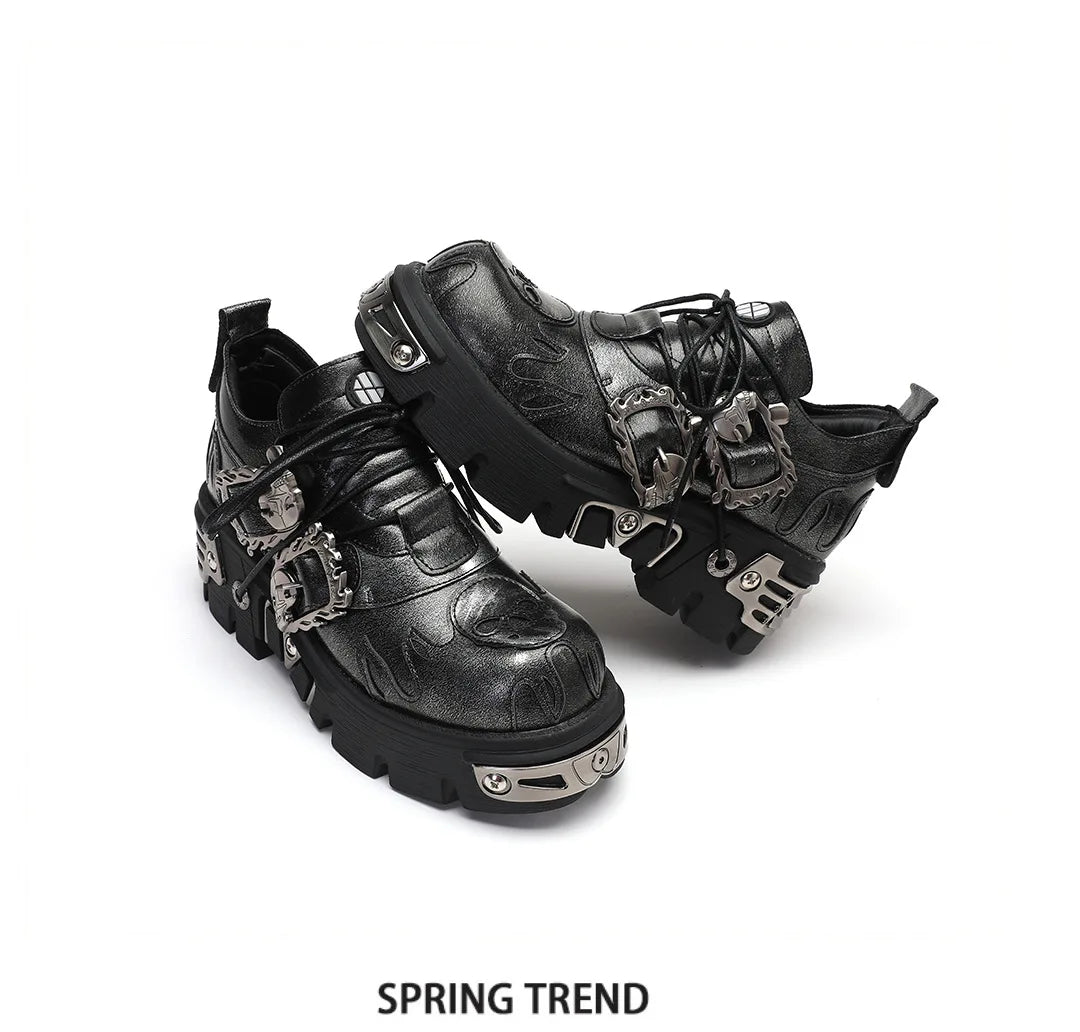 Soled Motorcycle Boots for Women, European and American Short Boots, Retro Lace Up Short Boots Dark gray flame flower shoes
