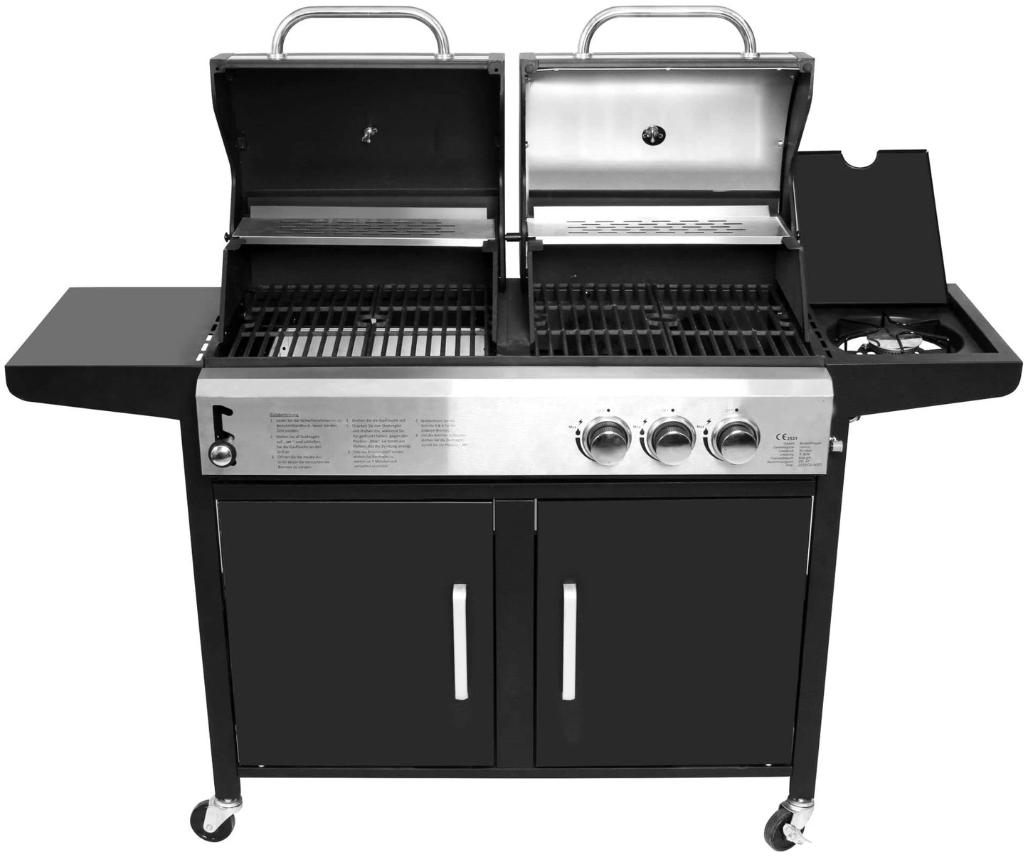 BBQ Grill  Outdoor Large Hybrid 4 Burner Trolley Smokeless Dual Fuel Charcoal and Gas Combo with Side Burner