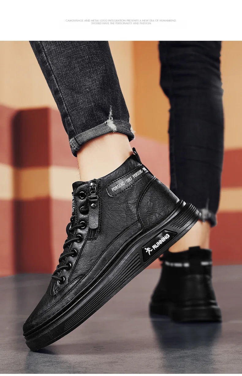 Leather Boots for Men Zipper Man Sneakers Fashion Ankle Boots High Top Man Boots Solid Sports Shoes 2024 Trend Motorcycle Boot