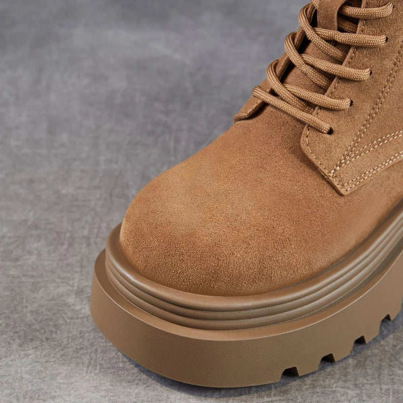 6.5cm Cow Suede Genuine Leather Women Booties Elthnic Pumps Comfy Ankle Knee High Spring Motorcycle Shoes Flats Platform Wedge