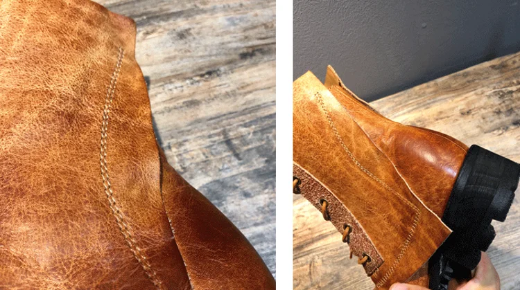 Handmade Vintage Round Toe Mens High Top Work Safety Shoes Cowhide Genuine Leather Ankle Boots Lace Up Motorcycle Riding Boots