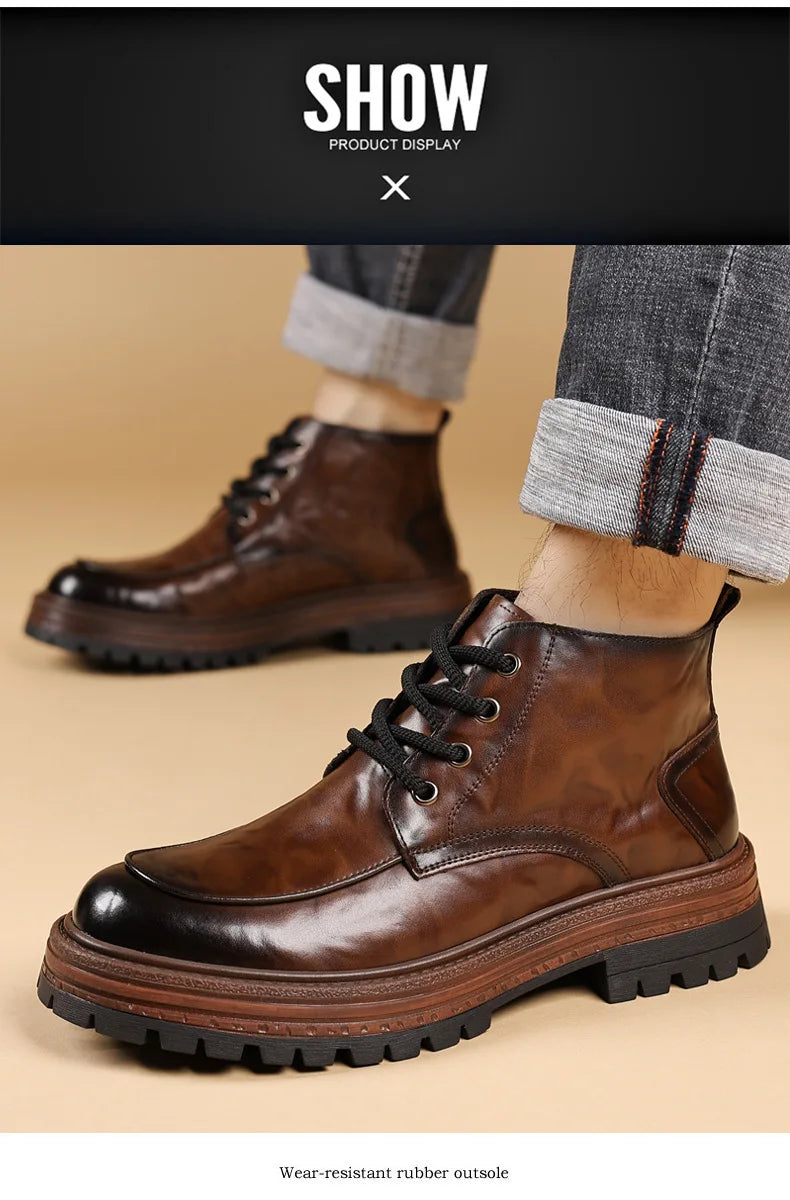 Outdoor Men High Top Leather Shoes Classic Black Leather Boots Motorcycle Breathable Riding Mid-calf Ankle Boots Warm Work Shoes