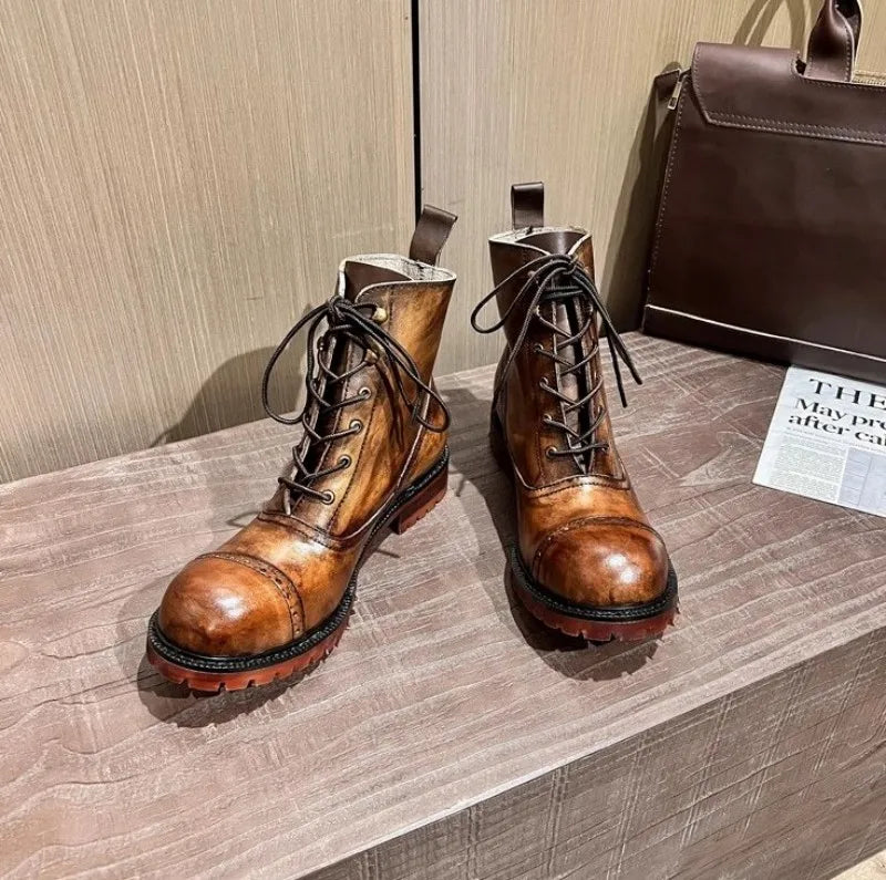Vintage Mens Round Toe Lace Up High Top Work Safety Shoes Cowhide Genuine Leather Ankle Boots British Motorcycle Riding Boots 45
