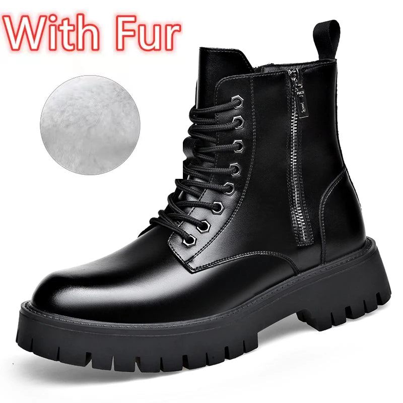 Retro Casual PU Leather Mens Motorcycle Boots Fashion Winter Plush Snow Boots Comfortable Leather High Top Shoes Man Warm Botas