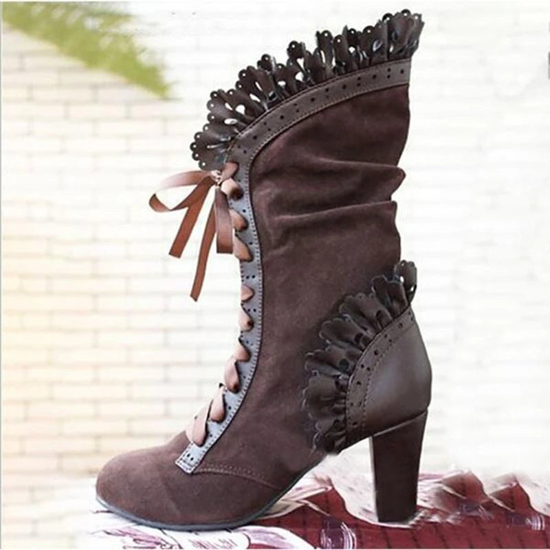 Women Lace Women's High Heel Middle Tube Boots Botas Zapatos Mujer Retro Leather Winter Shoes Booties Cowboy Botas Mujer
