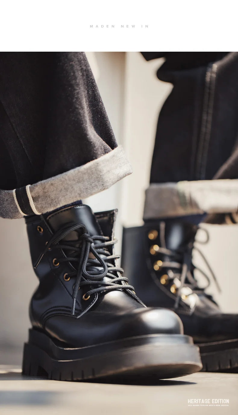 Maden Men's Handmade Cowboy Boots Black Motorcycle Boot British Split Leather TPR Sole Work Safety Boot Mid Outside Shoes