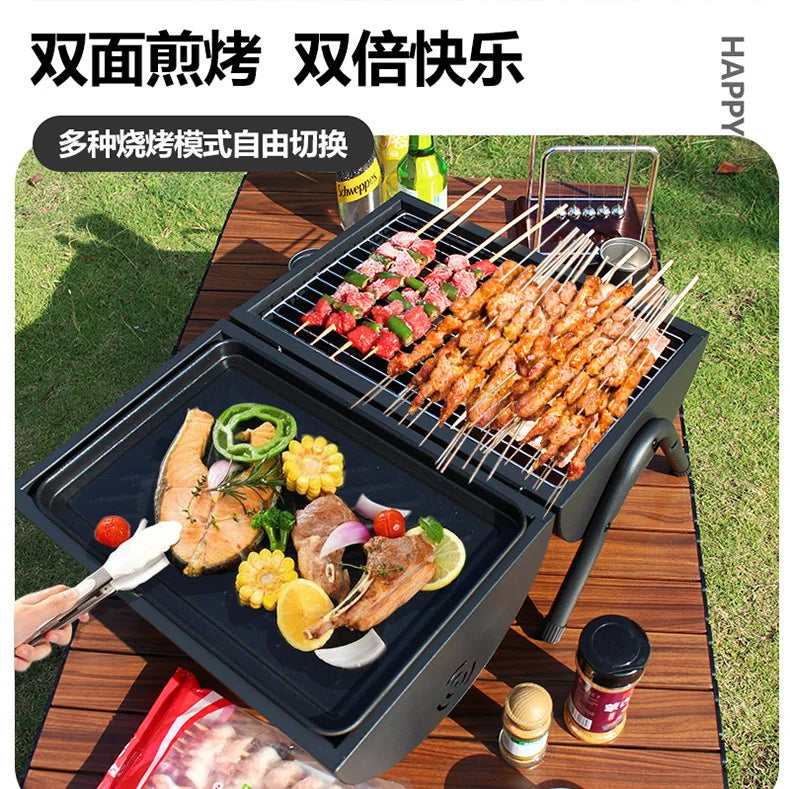 Carbon Steel Outdoor BBQ Grill  Dual-Sided Griddle with Independent Charcoal Tray Foldable Camping Gear  Handheld BBQ Grill