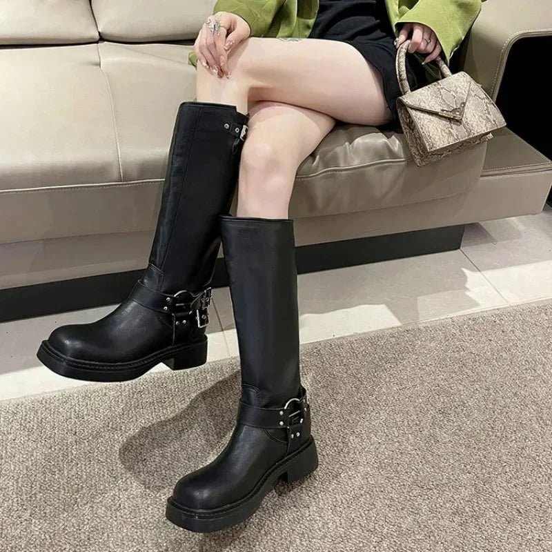 WOMEN'S platform knee-high Knight casual long boots chunky vintage fashion buckle luxury designer Western cowboy woman shoes