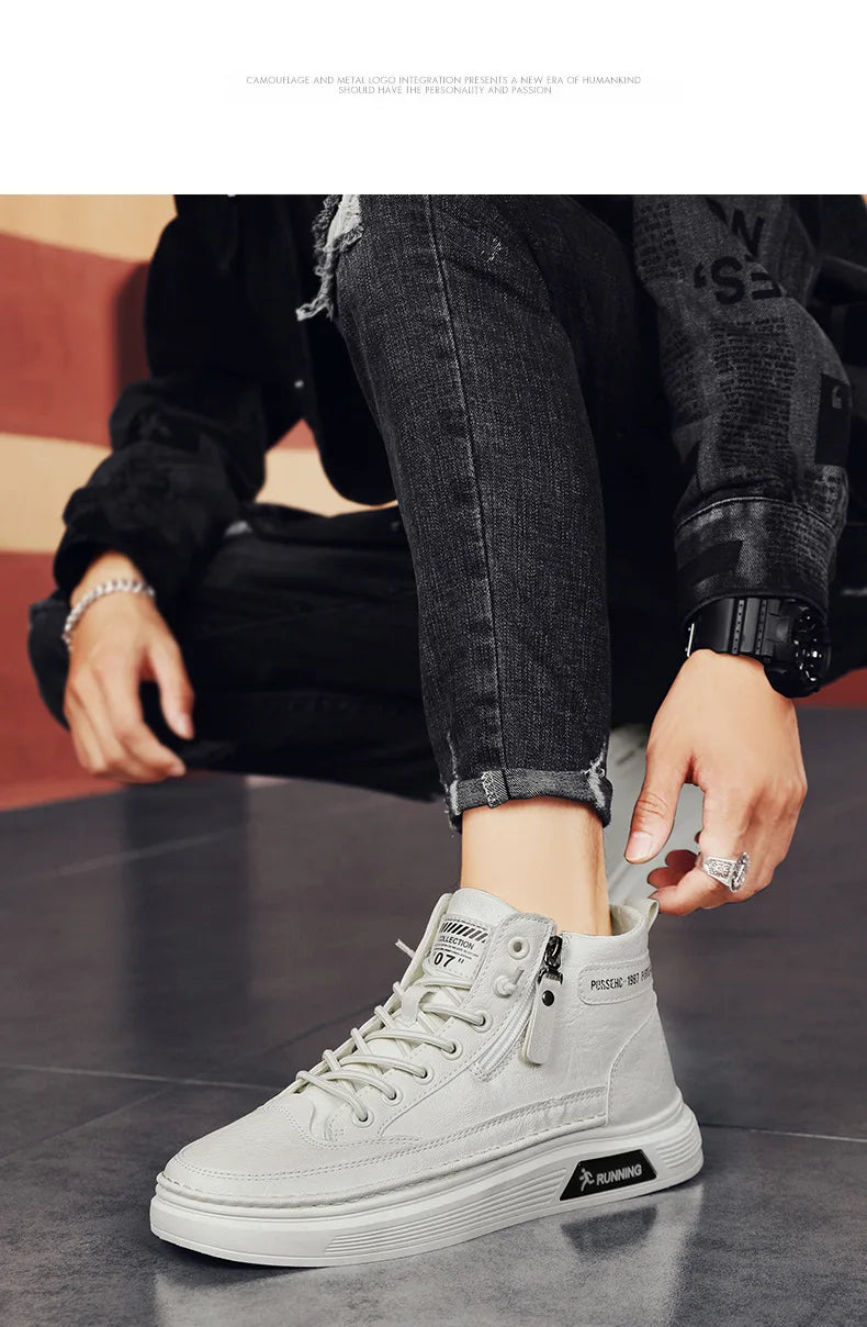 Leather Boots for Men Zipper Man Sneakers Fashion Ankle Boots High Top Man Boots Solid Sports Shoes 2024 Trend Motorcycle Boot