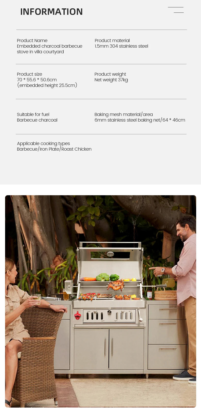 New Arrival Outdoor Party Professional Stainless Steel Built-In BBQ Charcoal Grill