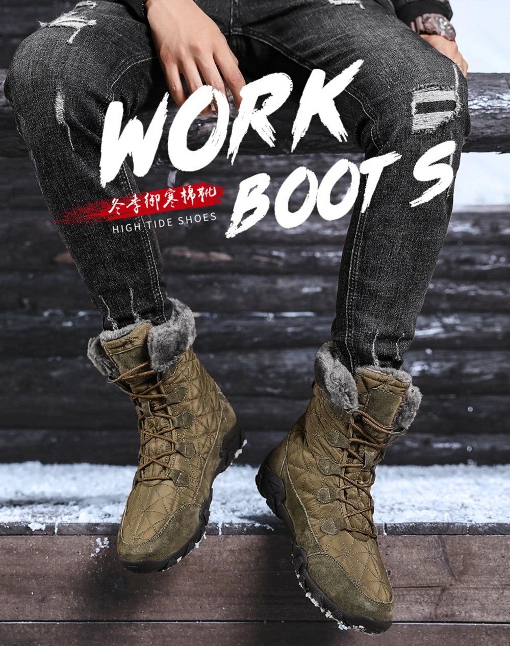 Motorcycle Winter Snow Boots Thickened Thermal Plush Boots Waterproof Outdoor Hiking Shoes Cow Leather Warm Skiing For Men