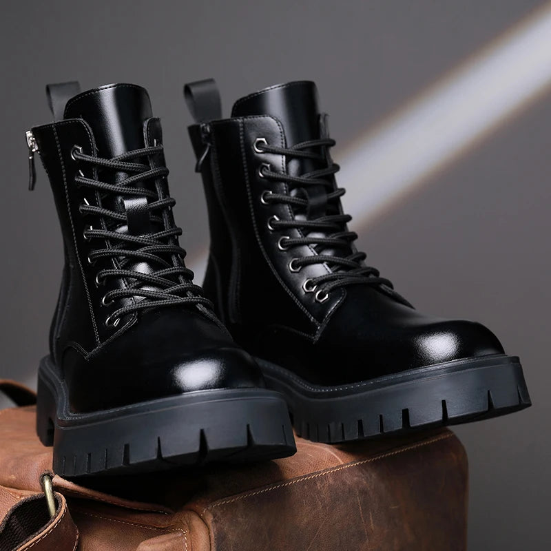 Retro Casual PU Leather Mens Motorcycle Boots Fashion Winter Plush Snow Boots Comfortable Leather High Top Shoes Man Warm Botas
