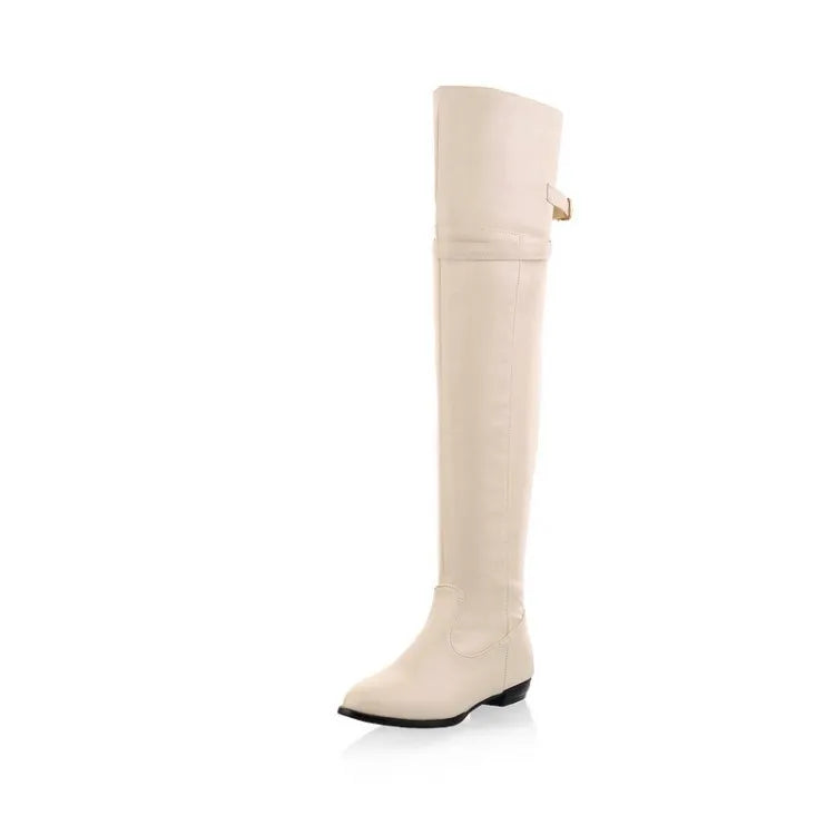 2024 Winter Elegant Women's Boot Over The Knee Street Style Knight 2.5CM New Belt Buckle Knee High Flat Knight Boots Women Shoes