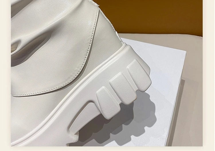 9CM Women Mid Calf Boots Autumn Winte Soft Leather Motorcycle Boots High Platform Square Heels Ladies Chunky Shoes Botas Mujer