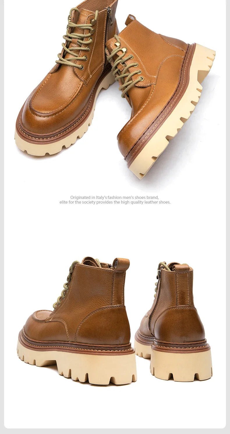 Men's Motorcycle Boots Genuine Leather High Top Motorbike Ankle Boots Thick Soled Vintage Round Toe Casual Punk Dress Shoes