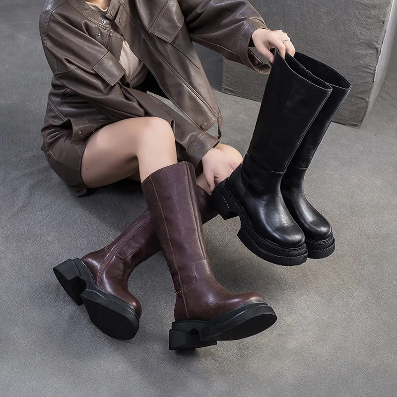 6.5cm Cow Genuine Leather Women Ankle Knee Motorcycle Booties Boots Chunky Heels Platform Wedge Shoes Chimney High ZIP Spring