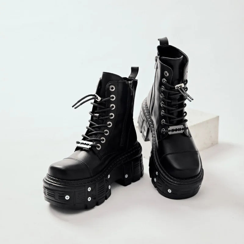 Women Omet Dark Motorcycle Heavy Metal Platform Cross-border Boots 2024 Spring New Female Punk Small Leather Men Shoes