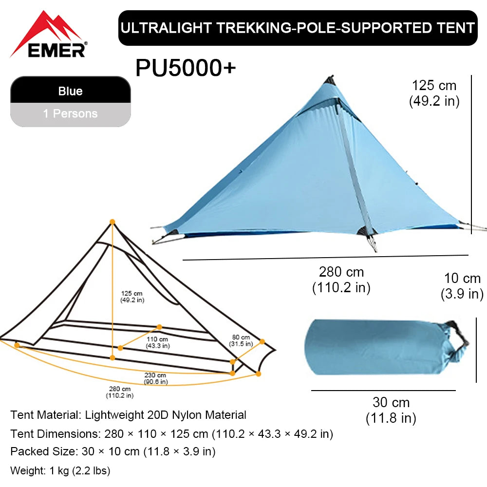 EMER 2 Person 1 Person Outdoor Ultralight Camping Tent 4 Season Professional 20D Silnylon Rodless Tent Hiking Portable Tent
