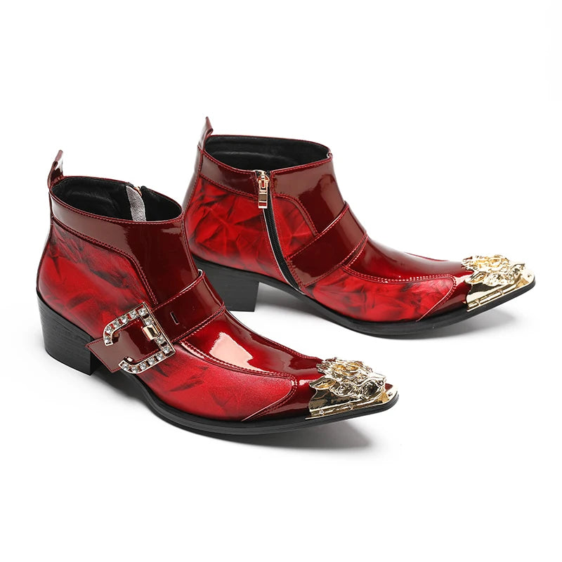 Spring Men's Boots Red Studded Pointed Leather Boots  Model Social Height Increasing  Patent Leather High-heeled Men's Boots