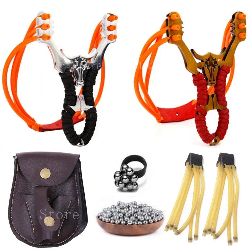 Powerful Alloy Slingshot Set Steel Balls Catapult Slingshot Bow Bag with 2 Rubber Bands Outdoor Hunting