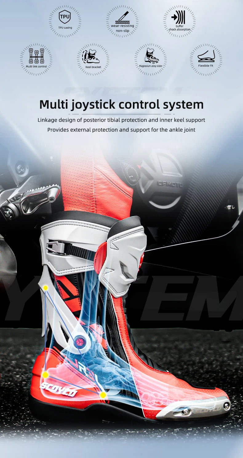 SCOYCO Motorcycle Boots Men Non-slip Anti-fall Professional Motorbike Racing Track Long Boots Mid-Calf Riding Protective Shoes