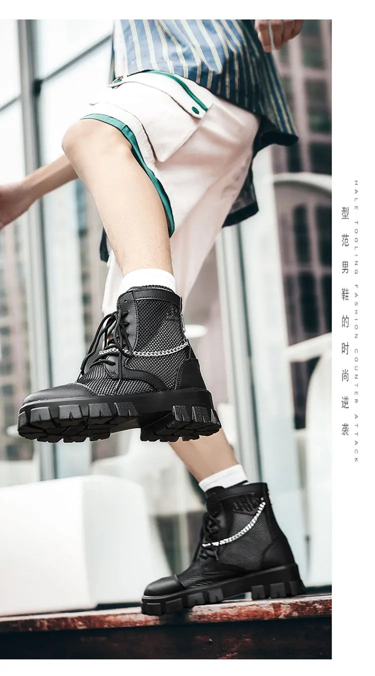 2024 New Summer Men's Boots Thick Bottom Mesh Surface Breathable Hollow Out Chain Short Boot Male Autumn Fashion Casual Shoes