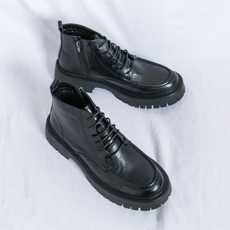 Fashion Men's Genuine Leather Casual Shoes Classic Outdoor Workwear Shoes Men's Motorcycle Boots Handsome Height Increasing