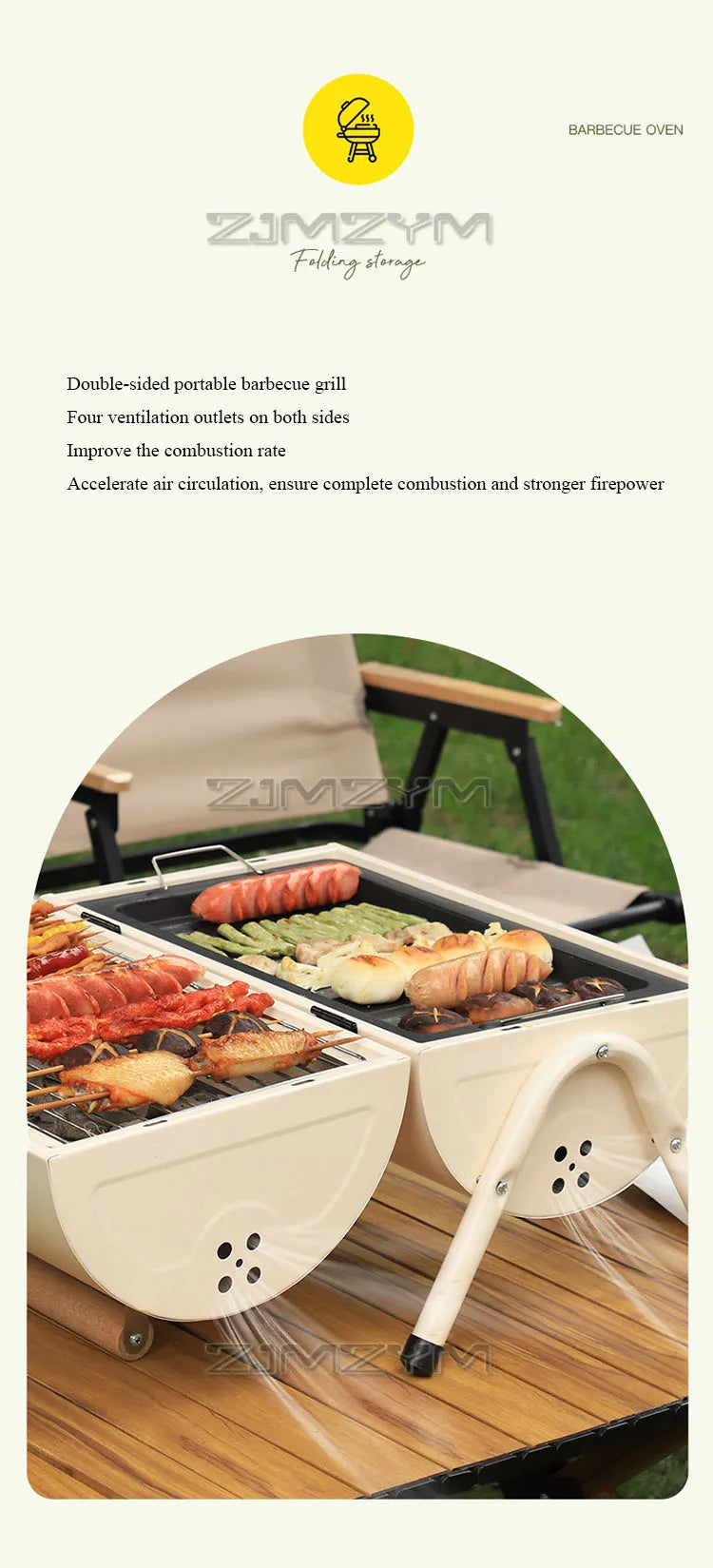 Double Sided Charcoal Grill Multi-Functional Portable Outdoor BBQ Grill Roasted Fried Chimney Stove For Cooking Camping Picnics