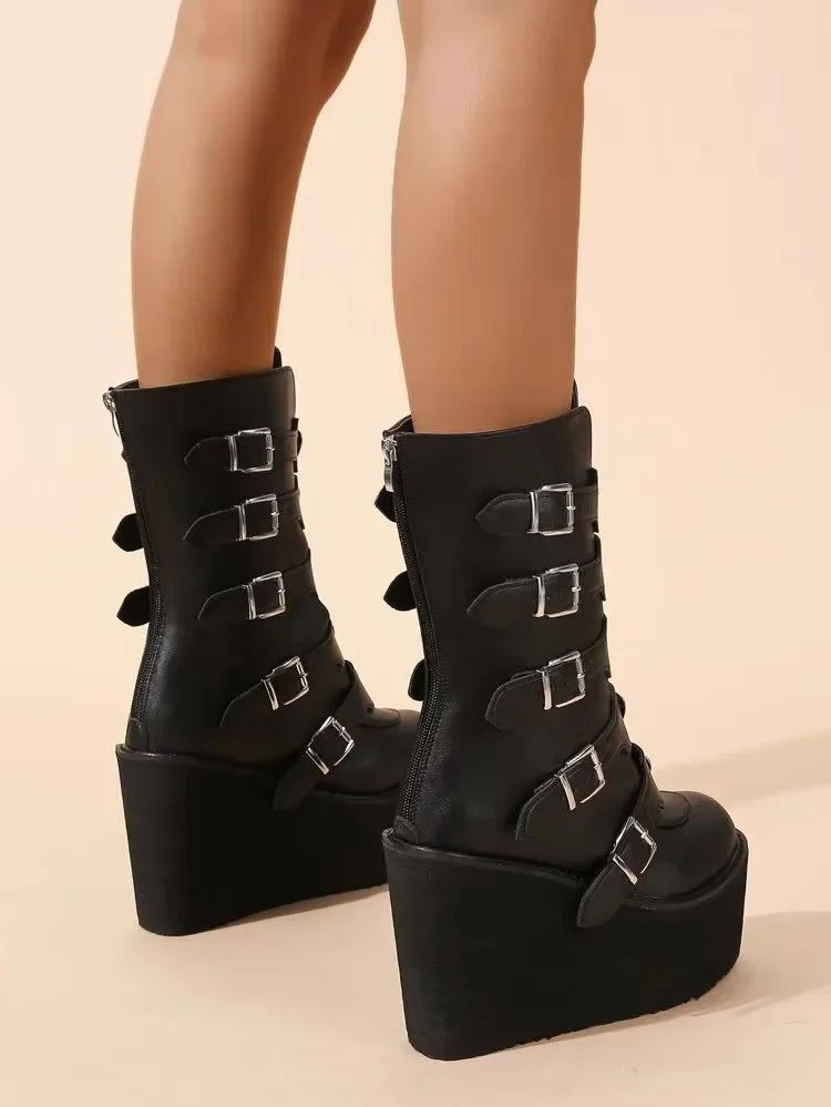 Brand Fashion Gothic Boots for Women Street Woman Boots Wedges Buckles Glittered Black Chunky Platform Motorcycles Boots Women