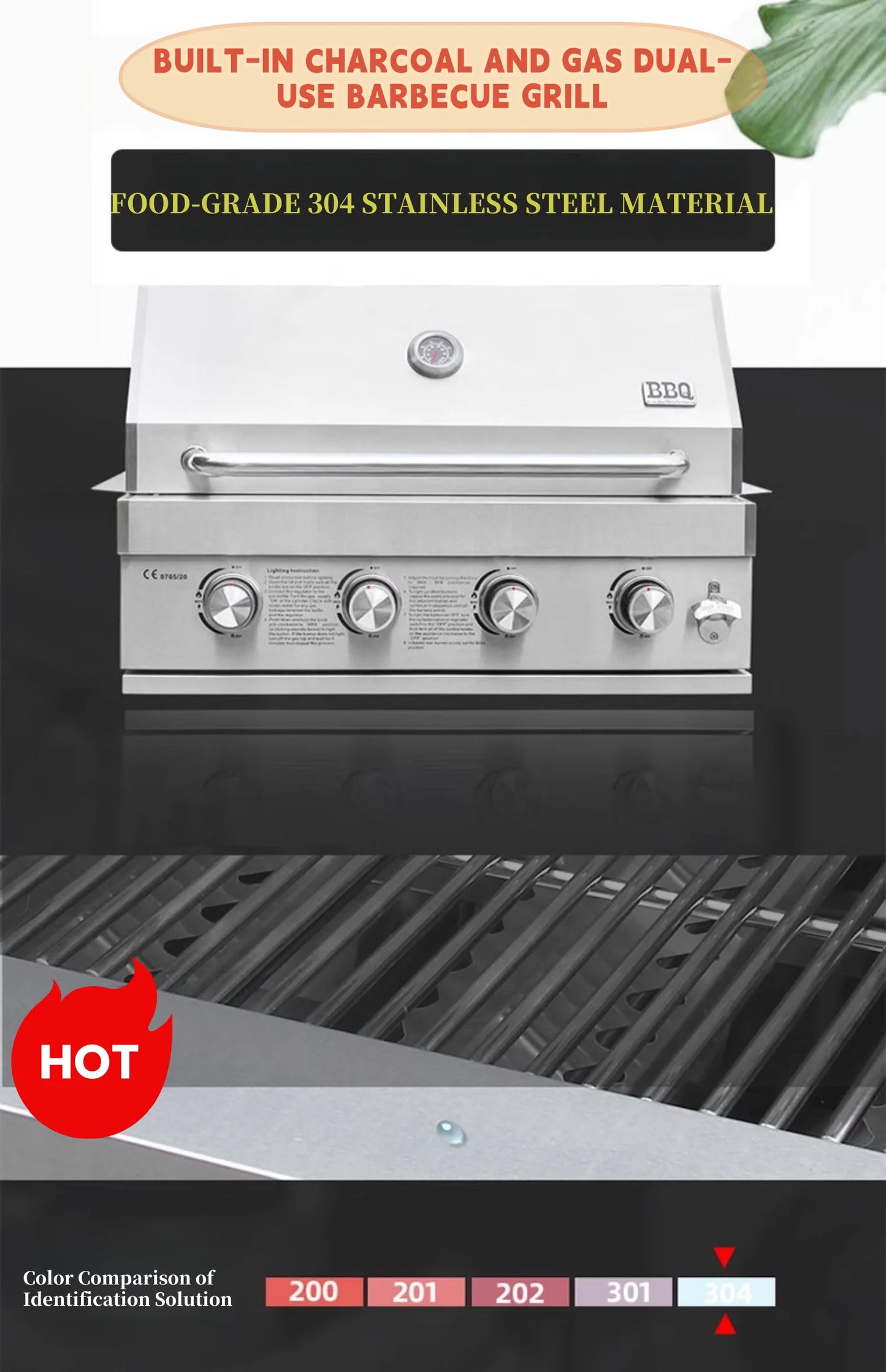 2025 Newest 304 Stainless Steel Built-in Courtyard Grill Gas Charcoal Dual Fuel Smoker BBQ Grill