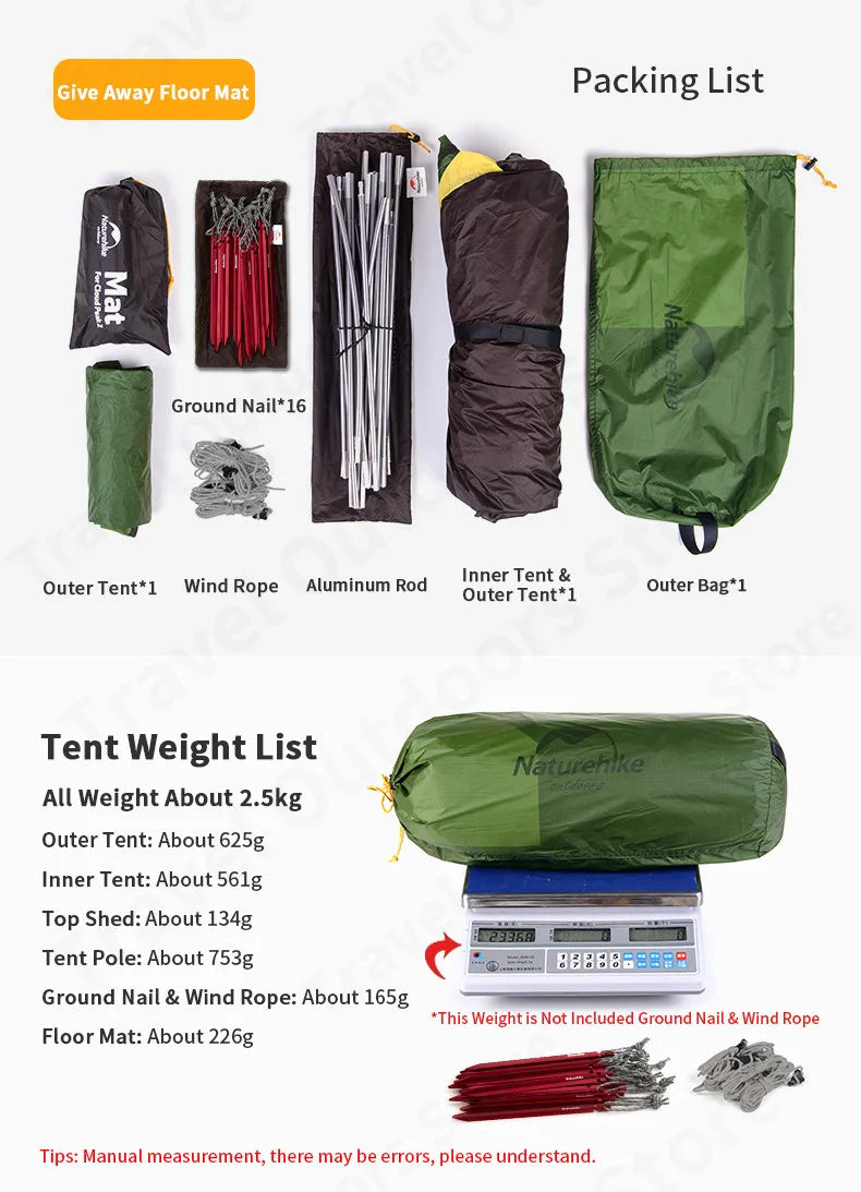 Naturehike 15D Cloud Peak Camping Tent Outdoor Camping Ultralight 2 Persons 15D Silicone 4 Seasons Hiking Tent With Free Mat