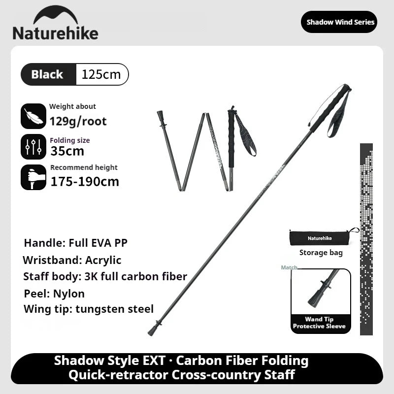 Naturehike 3K Carbon Fiber Collapsible Telescopic Sticks Trekking Pole Folding Portable Walking Stick Staff for Hiking Climbing