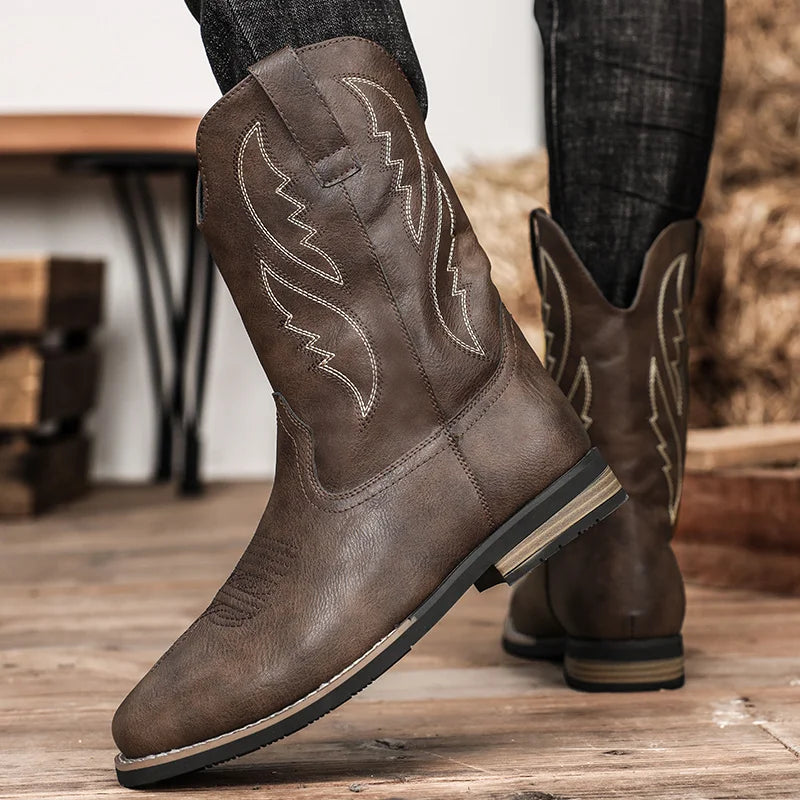 Western Style Cowboy Chelsea Boots Vintage Mid-calf Boots Pointed Toes Classical Shoes Genuine Leather Worker Winter Booties