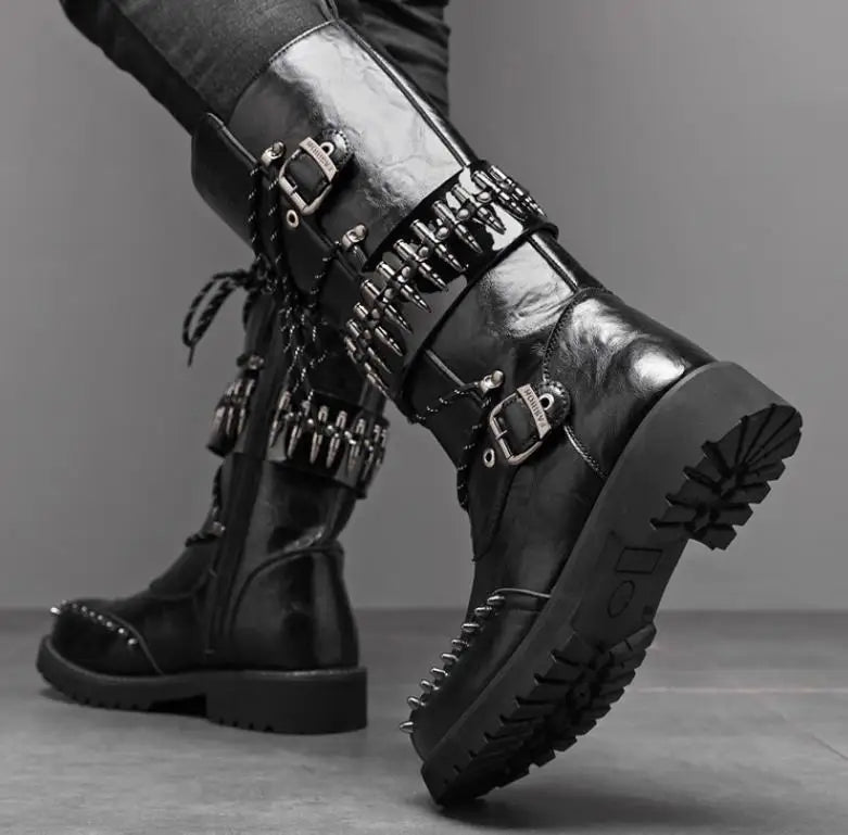 Round Toe Metal Decorations Belt Buckle men Boots Thick Sole Flats Black Zipper Fashion Punk Gothic  Equestrian Motocycle Boots