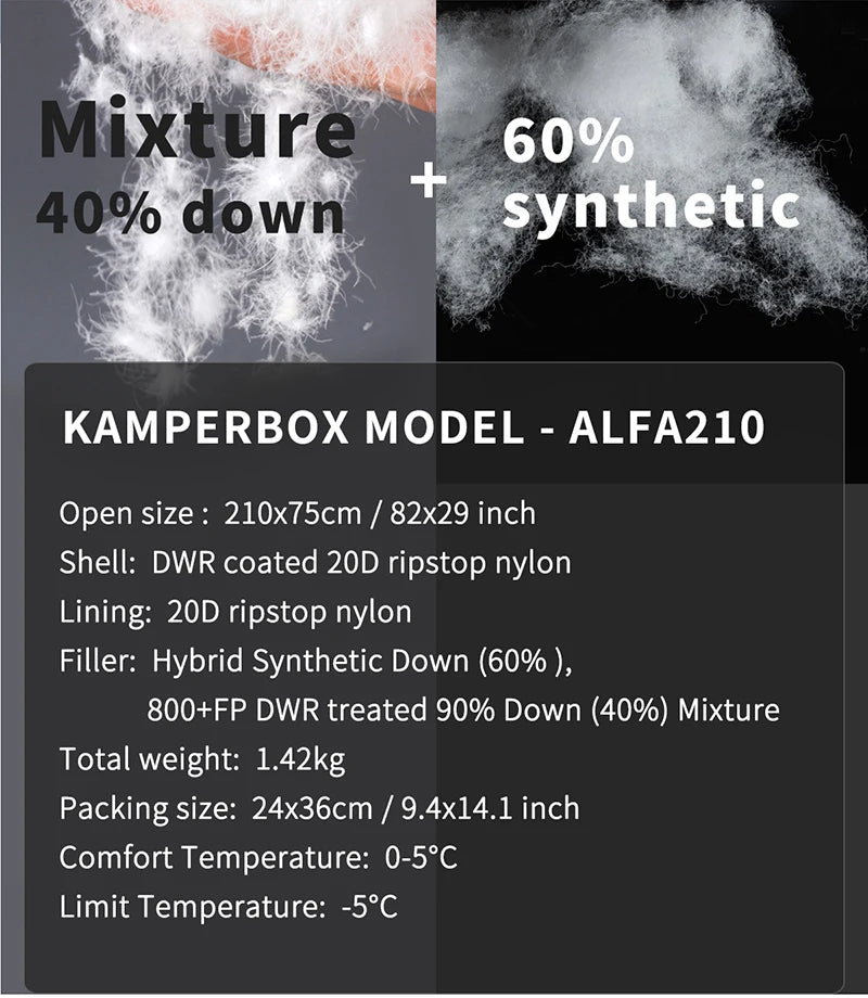 Kamperbox Sleeping Bag Camping Ultralight Outdoor Sleeping Bag Down 0-5°C Alfa210