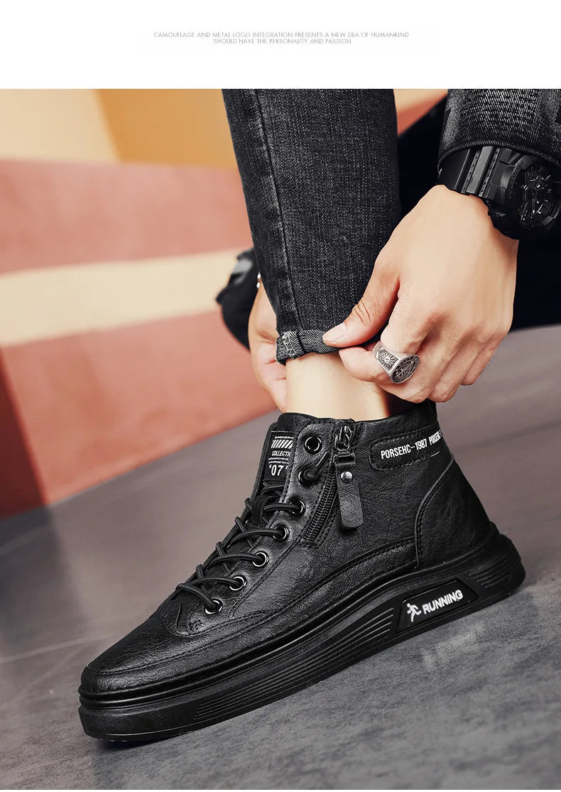 Leather Boots for Men Zipper Man Sneakers Fashion Ankle Boots High Top Man Boots Solid Sports Shoes 2024 Trend Motorcycle Boot