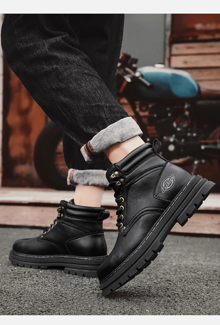 High Top Boots Men's Leather Shoes Fashion Motorcycle Ankle Boots for Men Winter Boots Man All-match Shoes Lace-Up Botas Hombre