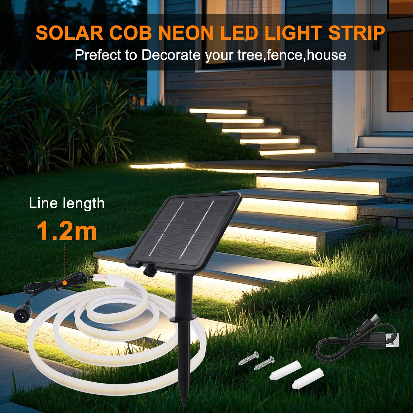 24V Solar Powered COB LED Strip Light Double Side Glow 320 LEDs/m Waterproof Flexible Neon Tape Indoor Outdoor Linear Lighting