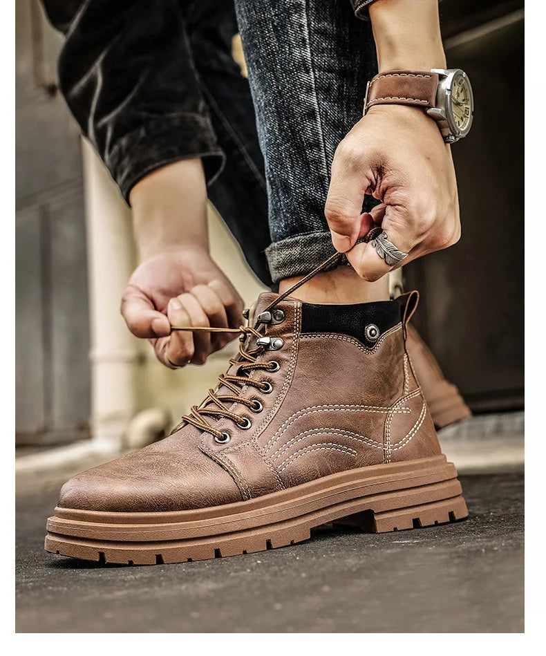 Luxury Men Boots Fashion Designer Motorcycle Boots for Men High Top Leather Casual Shoes Retro British Style Men Ankle Boots New