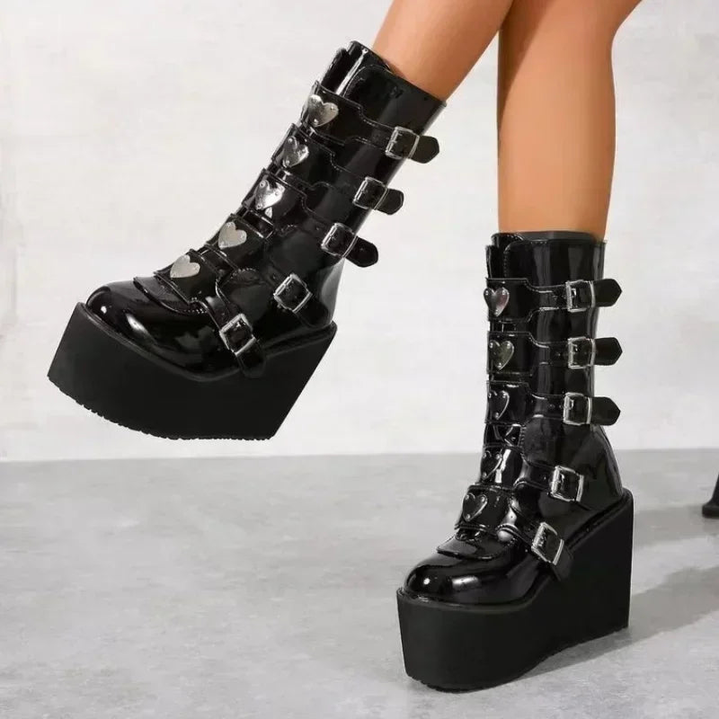 Brand Fashion Gothic Boots for Women Street Woman Boots Wedges Buckles Glittered Black Chunky Platform Motorcycles Boots Women