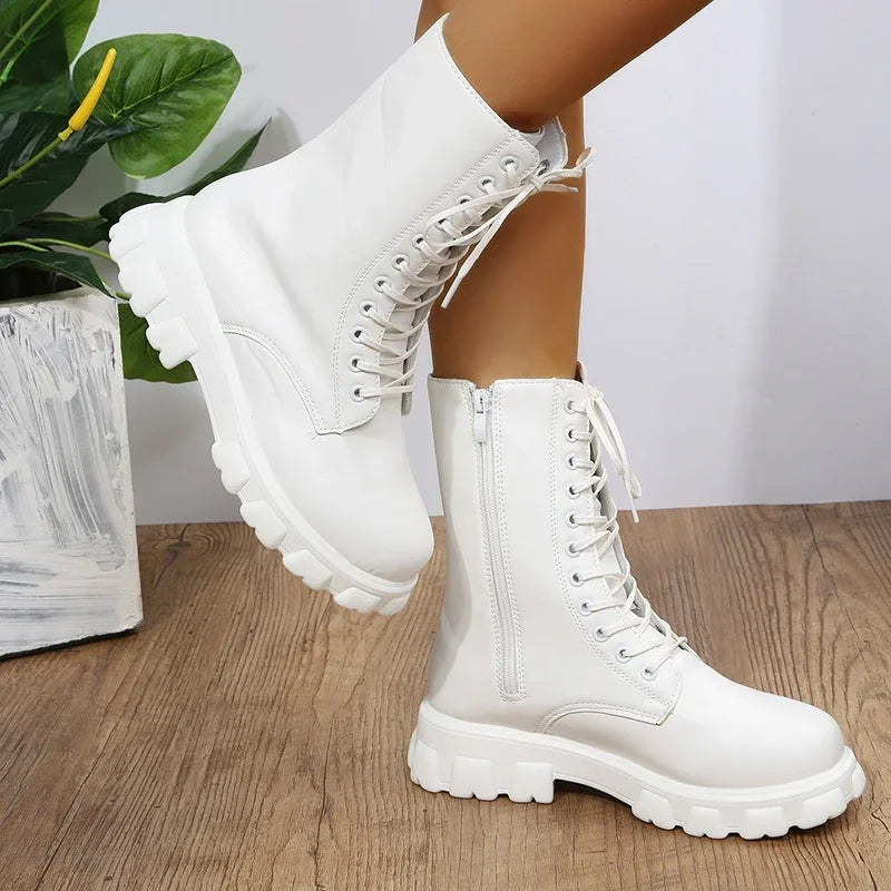2025 Boots Women  Autumn Winter PU Leather White Ankle Boots Motorcycle Female Chunky Heels Platform Boots