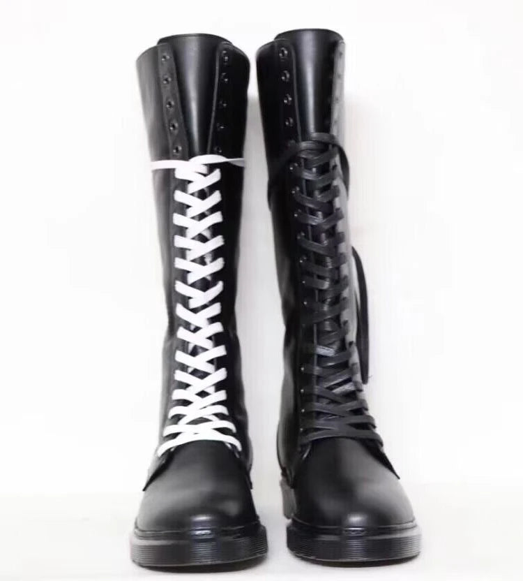 Lace Up Cowhide Knight Boots for Men Black Genuine Leather High Boots Back Zipper Over The Knee Motorcycle Boots Winter Shoes