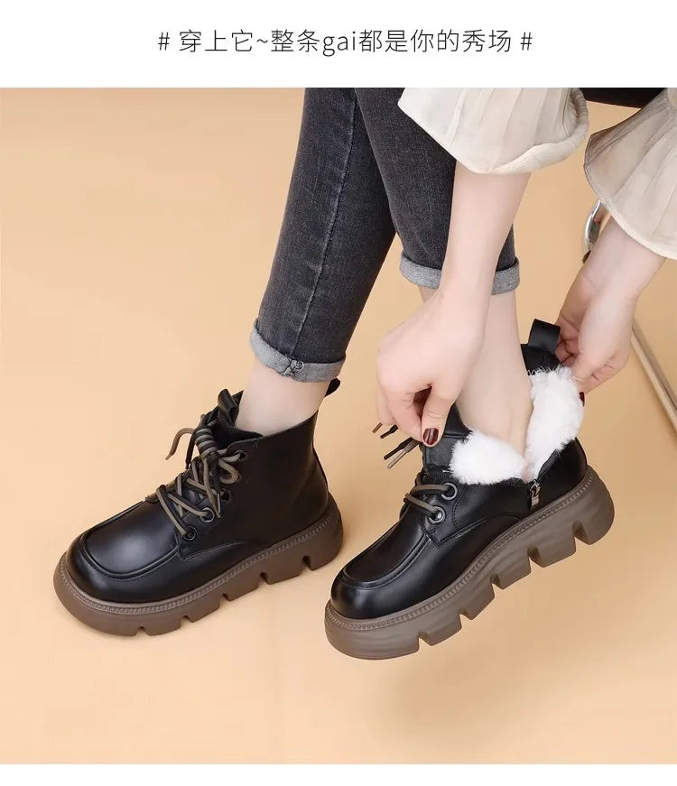 Women's Boots Winter New Fur Snow Boots Platform Plush Comfortable Anti Slip Warm Lace Up Cold Proof Cotton Ankle Boots Women