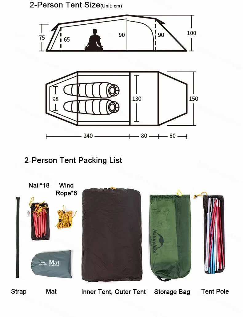 Naturehike-Ultralight Opalus Tunnel Double Tent, Outdoor Camping, Hiking, 2, 3, 4 Persons