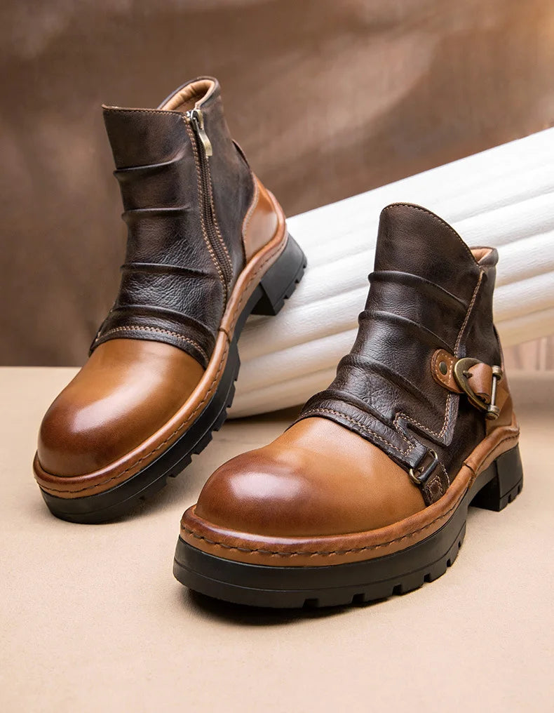 Brown Leather Motorcycle Boots Mens Round Head High Top Motorbike Boots Quality Moto Riding Shoes Thick Soled Summer Winter