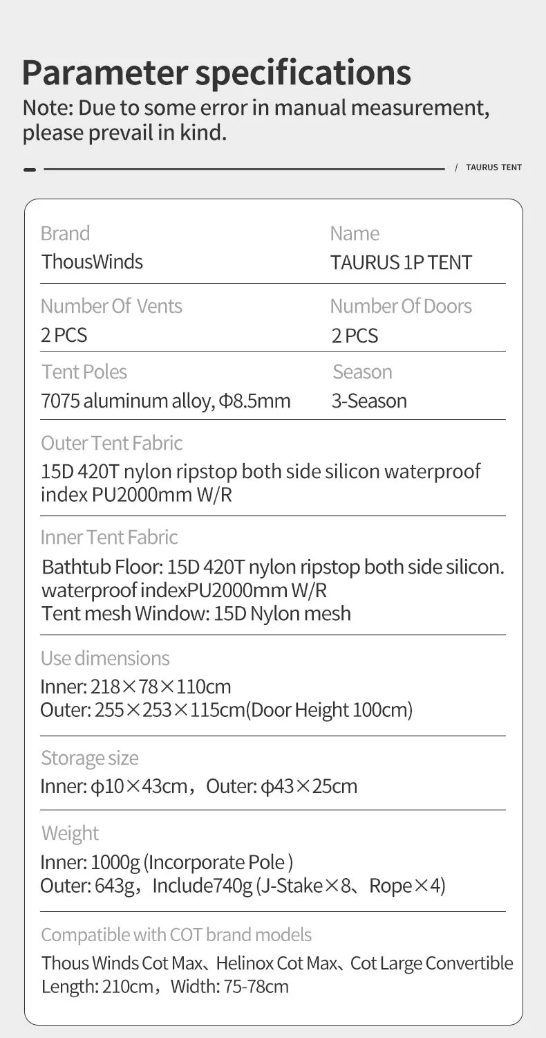 Thous Winds Taurus Solo Tent, Ultralight Hiking Camp, Solo Backpack Tent, Outdoor Cot Tent, 15D Nylon Ripstop Both Side Silicon